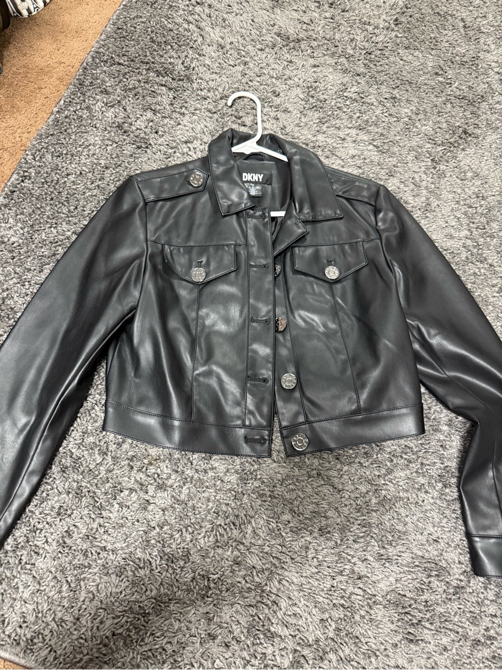 DKNY Black Faux Leather Cropped Jacket with Button Details